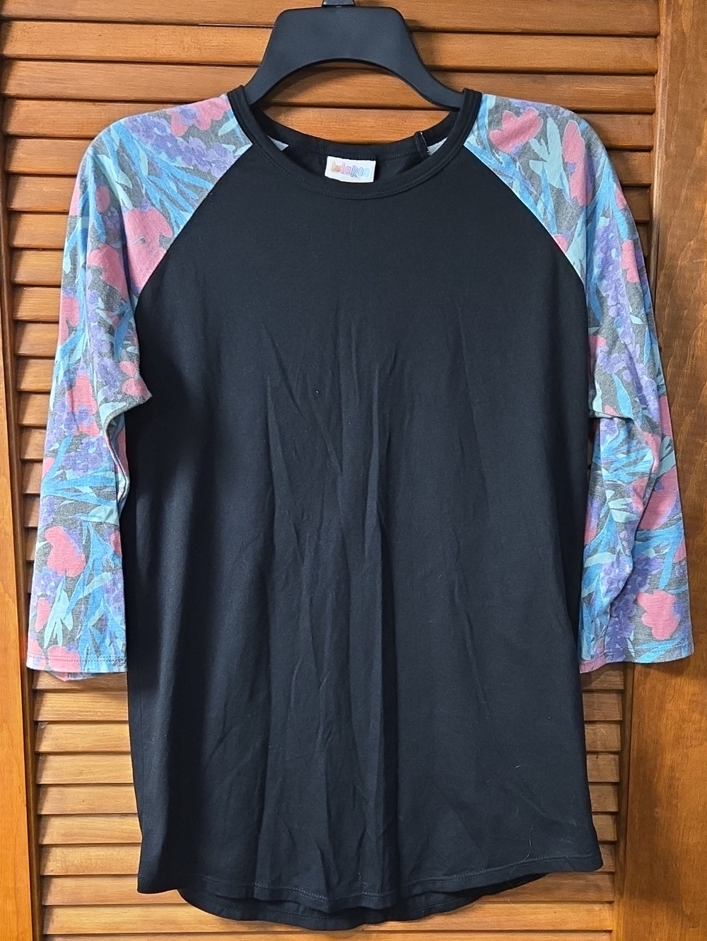 Black Raglan Top with Floral Pastel Sleeves - Lularoe